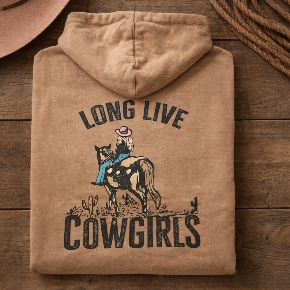 Cowgirls Hoodie | Western Graphic Sweatshirt | Tan | Size M